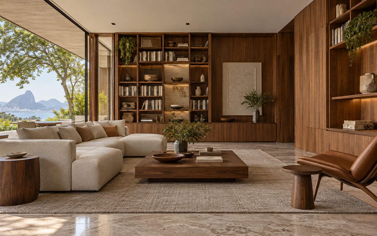 Sala com marcenaria planejada em madeira